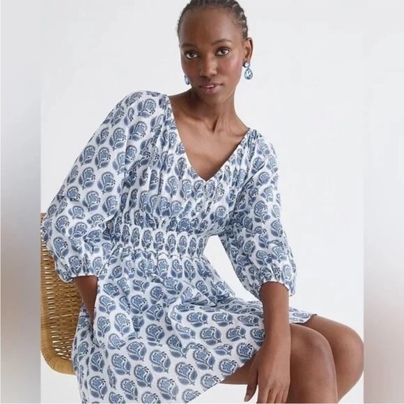 J. Crew Dresses & Skirts - J.Crew V Neck Bouquet Block White Blue Dress Fit Flare XS Spring Easter